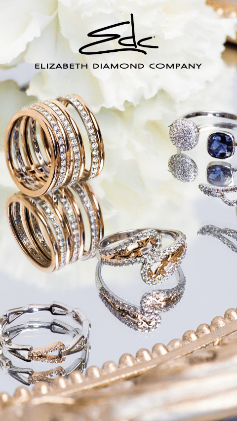 Custom Jewelers Centerville, Ohio - banner image showing an assortment of rings on a mirrored tray