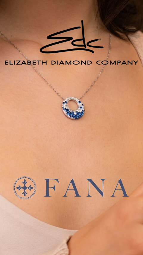 BluFana jewelry Dayton, Ohio - woman wearing diamond and sapphire Fana pendant necklacee Royale Dayton, OH