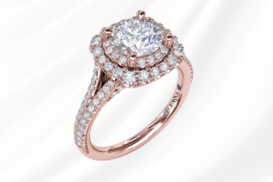 Fana Engagement Ring Dayton, Ohio - Round Cut Diamond surrounded by diamonds and a diamond band in rose gold.