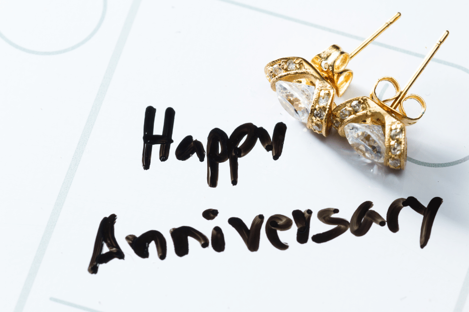 Jewelry Gift Ideas 50th Anniversary - Happy Anniversary written on calendar with diamond and gold earrings