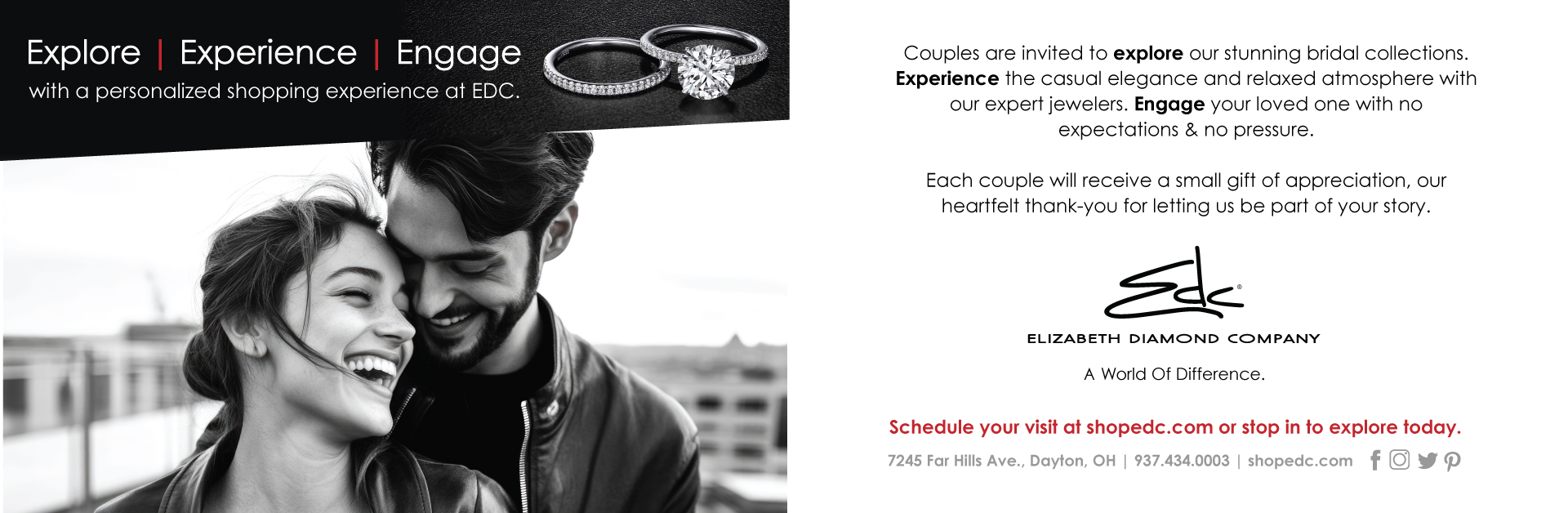 Engagement experience banner featuring a romantic couple and bridal jewelry