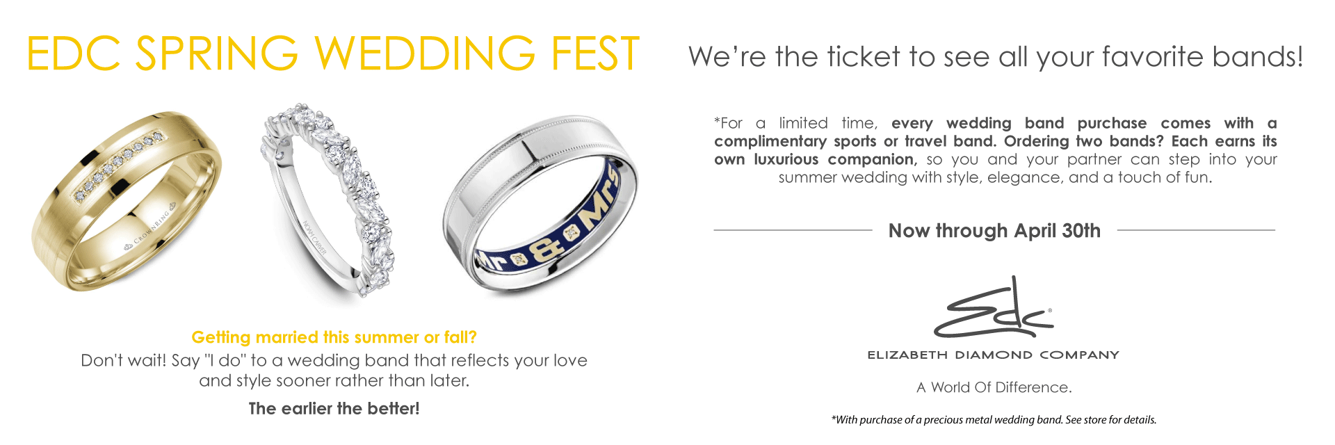 EDC Spring Wedding Fest banner featuring wedding bands