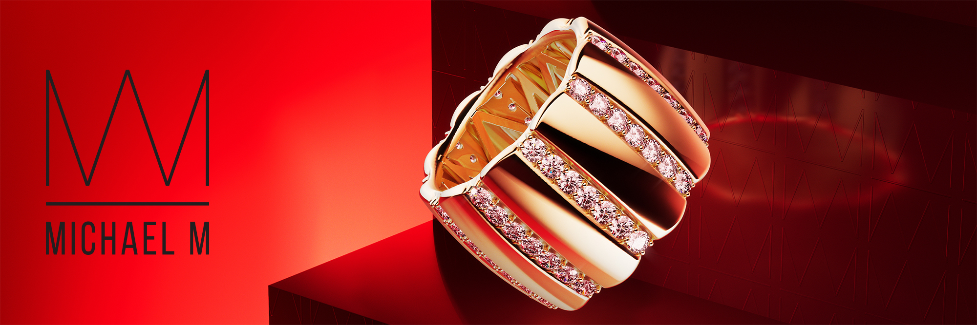 Stunning Michael M Wedding Band Lined with rows of Diamonds on a Royal Red Background