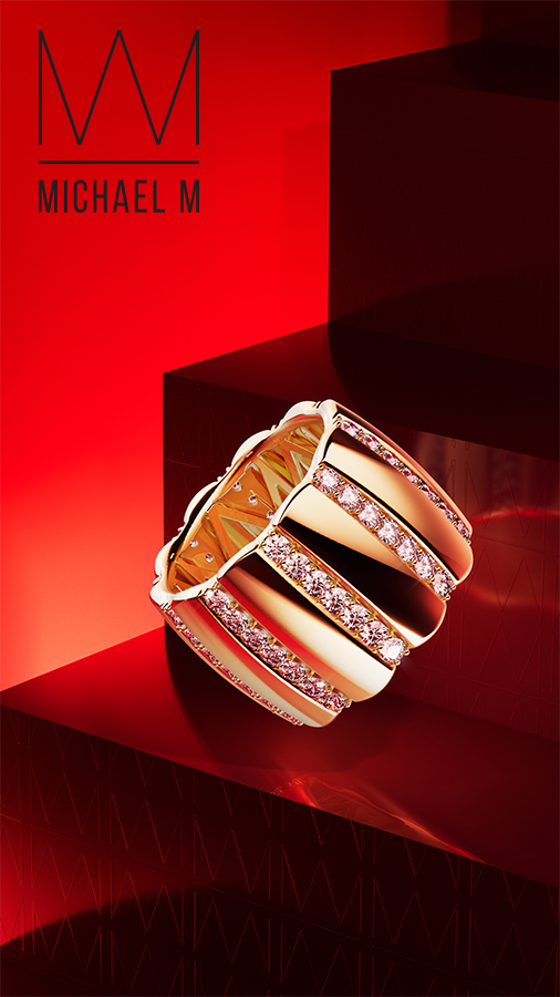 Stunning Michael M Wedding Band Lined with rows of Diamonds on a Royal Red Background