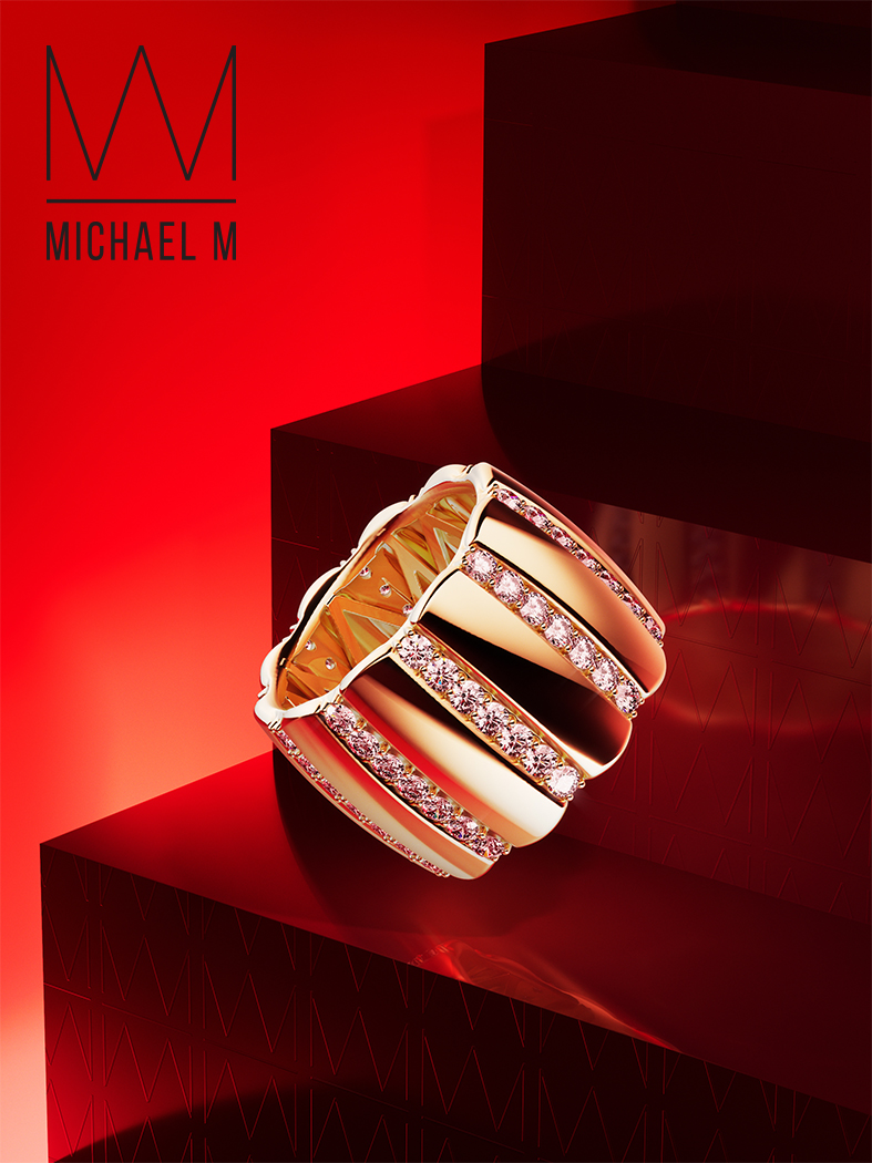 Stunning Michael M Wedding Band Lined with rows of Diamonds on a Royal Red Background