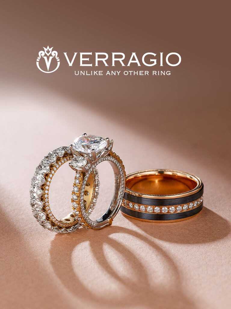 Verragio Logo and Verragio Engagement Rings and Wedding Band on a rose gold background.